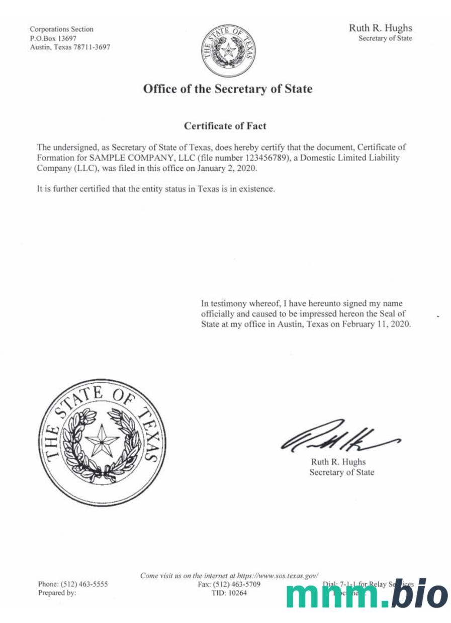 USA Texas vcertyfikat of good standing
